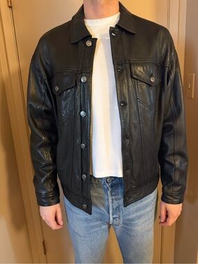 Zara Black Leather Bomber-Style Jacket